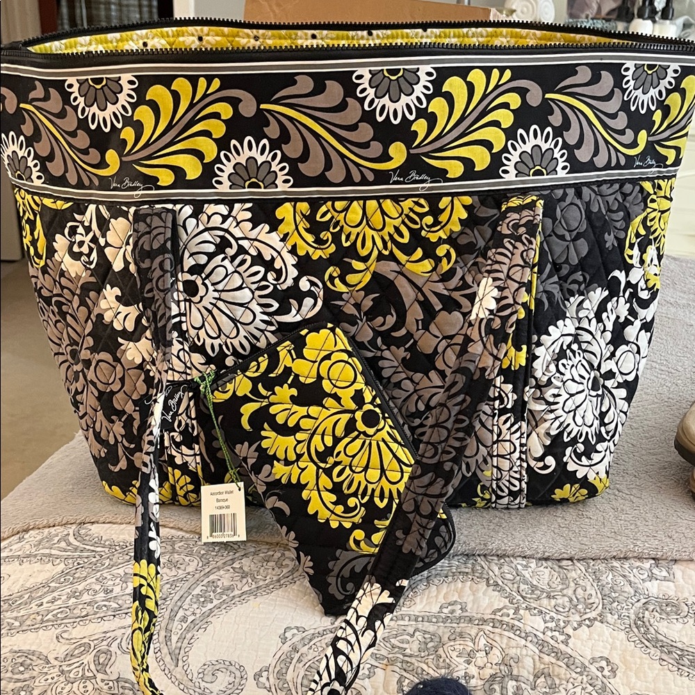 Vera Bradley Black and Yellow Miller Bag Baroque Patterned Tote/wallet set